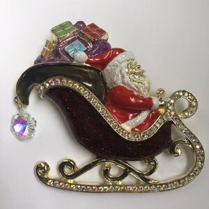 KIRKS FOLLY Santa's Magical Sleigh Couture Pin CHRISTMAS Brooch Crystal Goldtone